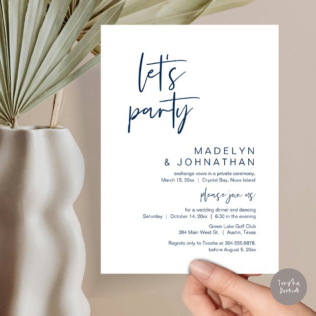 Låt oss Party, Bröllop Elopement Middag och danskn Inbjudningar (Let's Party, Modern Wedding Elopement Dinner and Dancing Invitation Card, PDF, in Navy Blue)