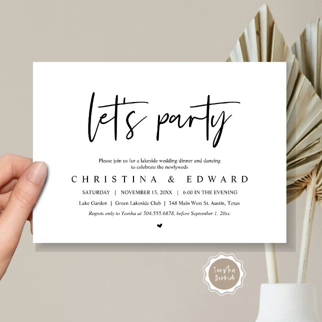 Låt oss Party, Bröllop Elopement, modern minimalis Inbjudningar (Let's Party, Wedding Elopement Dinner Invitation Card, Printed and Digital File, in Black and White)