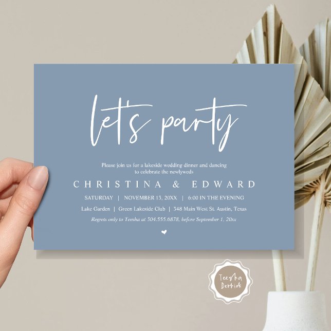 Låt oss Party, Bröllop Elopement, modern minimalis Inbjudningar (Let's Party, Wedding Elopement Dinner Invitation Card, Printed and Digital File, in dusty blue)