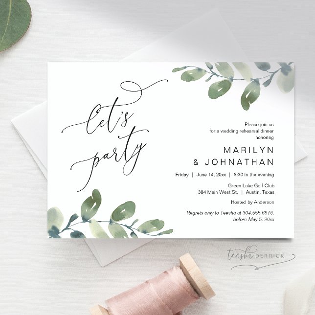 Låt oss Party, Bröllop Rehearsal Dinner, Eucalyptu Inbjudningar (Let's Party, Romantic Rehearsal Dinner Invitation Card, Greenery Eucalyptus. Digital Downloadable)