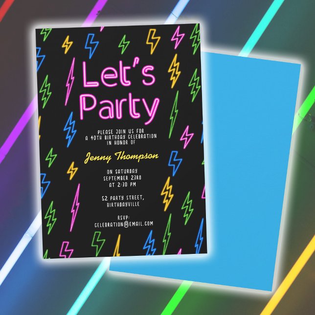 Låt oss Party Colorful 80's Retro Neon Birthday Inbjudningar (Let's Party Colorful 80's Retro Neon Birthday Invitation)