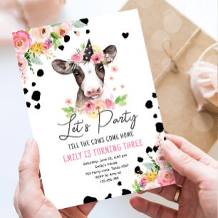 Låt oss Party Cow Blommigt Girl Girl Boskap Birday Inbjudningar