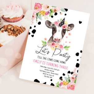 Låt oss Party Cow Blommigt Girl Girl Boskap Birday Inbjudningar