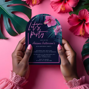 Låt oss Party Electric Neon Rosa Tropical Birthday Inbjudningar
