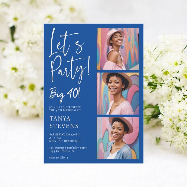 Låt oss party fotoåterförevisning blått fyrtioårsd inbjudningar (Let's party photo retro blue forty birthday invitation)