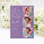 Låt oss party fotolavender lila 40-årsdag inbjudningar<br><div class="desc">Fira de stora 4-0 i stil med den här moderna och elegant 40-årsfestinbjudan! Coola lila lavender Med en elegant och ren design visar den här inbjudan den lekfulla frasen "Låt oss Party!" i ett snyggt-skript, följt av "Big 40!" i fet stil. På den lämnat sidan av kortet finns alla viktiga...</div>