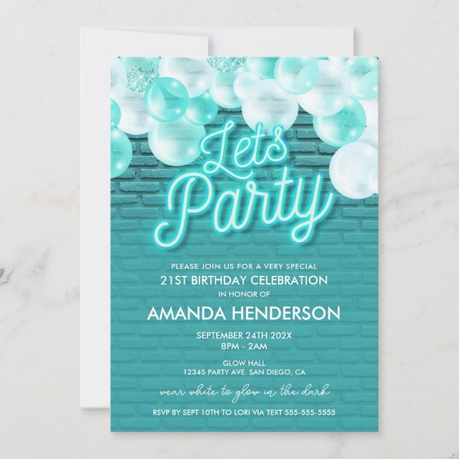 Låt oss Party Glow Teal Birthday-inbjudan Inbjudningar (Framsida)