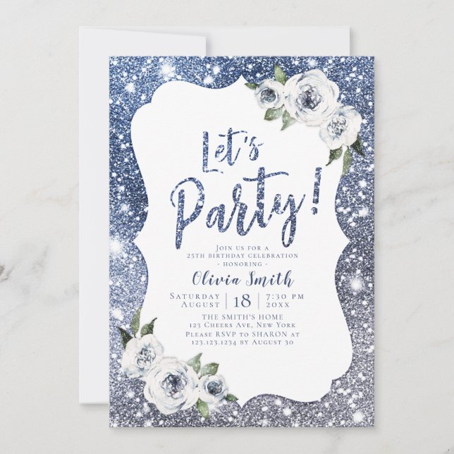 Låt oss party gnistra blå glitter och blommigt inbjudningar (Framsida)