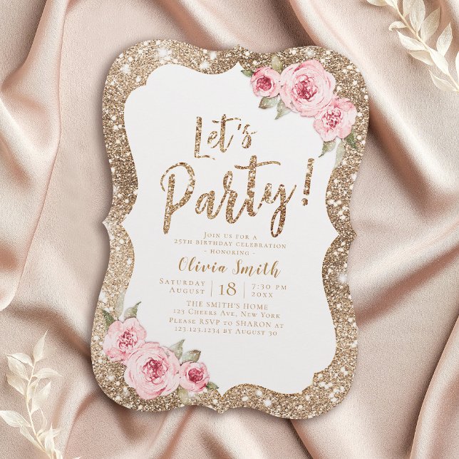 Låt oss party gnistra guld glitter och blommigten  inbjudningar (Let's party sparkle gold glitter and pink floral invitation)