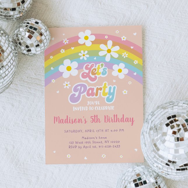 Låt oss Party Groovy Daisy Rainbow Birthday Inbjudningar (Skapare uppladdad)