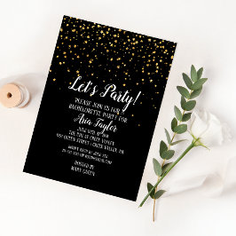 Låt oss Party Guld Konfetti på svart Bachelorette Inbjudningar