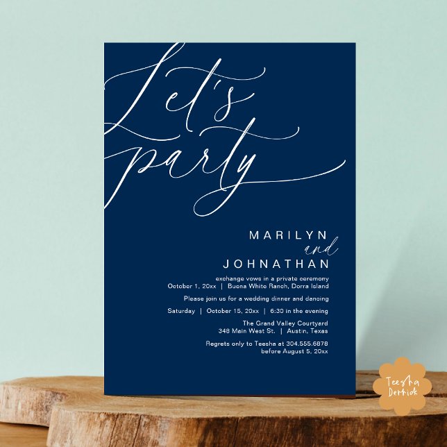 Låt oss Party lyckligtvis efter Bröllop-middagen Inbjudningar (Let's Party Happily Ever After Modern Romantic Wedding Dinner Invitation Card PDF Navy Blue)