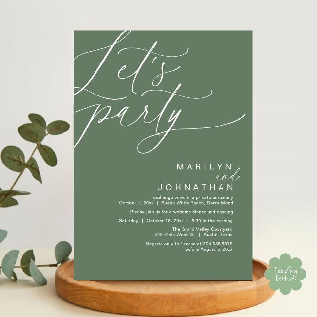 Låt oss Party lyckligtvis efter Bröllop-middagen Inbjudningar (Let's Party Happily Ever After Modern Romantic Wedding Dinner Invitation Card PDF Sage Green Forest)