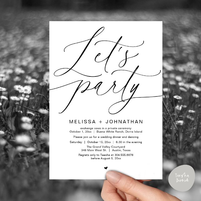 Låt oss Party lyckligtvis efter Bröllop-middagen Inbjudningar (Let's Party Happily Ever After Romantic Modern Wedding Dinner Invitation Card PDF White Black)