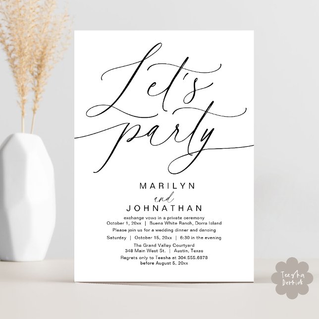 Låt oss Party lyckligtvis efter Bröllop-middagen Inbjudningar (Let's Party Happily Ever After Romantic Modern Wedding Dinner Invitation Card PDF White Black)