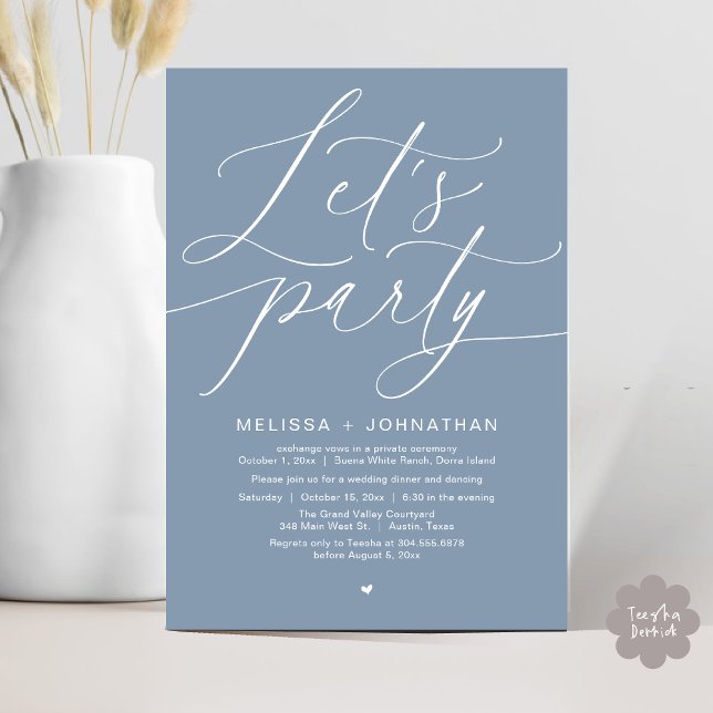 Låt oss Party lyckligtvis efter Bröllop-middagen Inbjudningar (Let's Party Happily Ever After Romantic Modern Wedding Dinner Invitation Card PDF Dusty Blue)