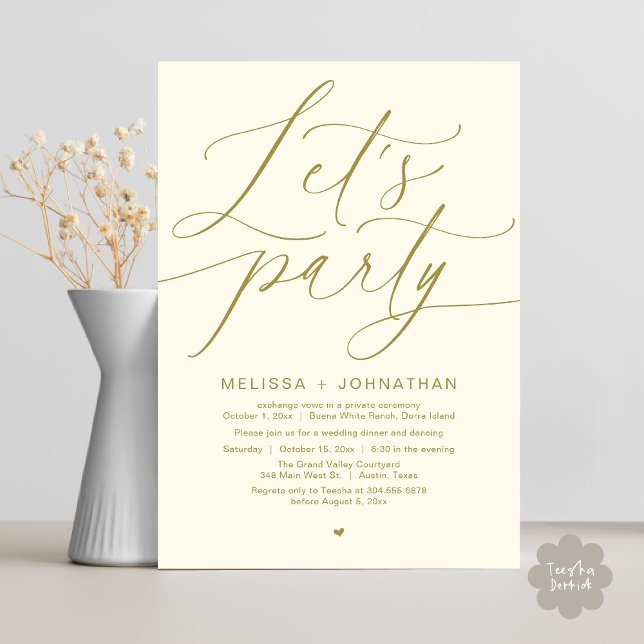 Låt oss Party lyckligtvis efter Bröllop-middagen Inbjudningar (Let's Party Happily Ever After Romantic Modern Wedding Dinner Invitation Card PDF Yellow Gold)