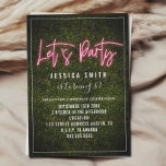 Låt oss Party Neon Boxwood Birthday Inbjudningar<br><div class="desc">Rosa inspirerade nybörjarskript "Låt oss Party" över den gröna bakgrunden av boxträ med anpassningsbar vit text.</div>
