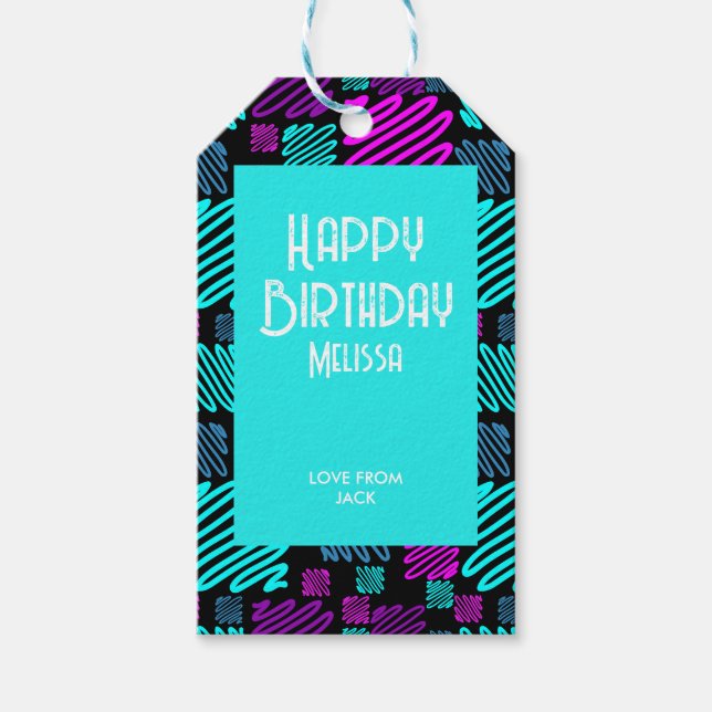 Låt oss Party Neon Geometric Mönster Grattis på fö Presentetikett (Framsidan)