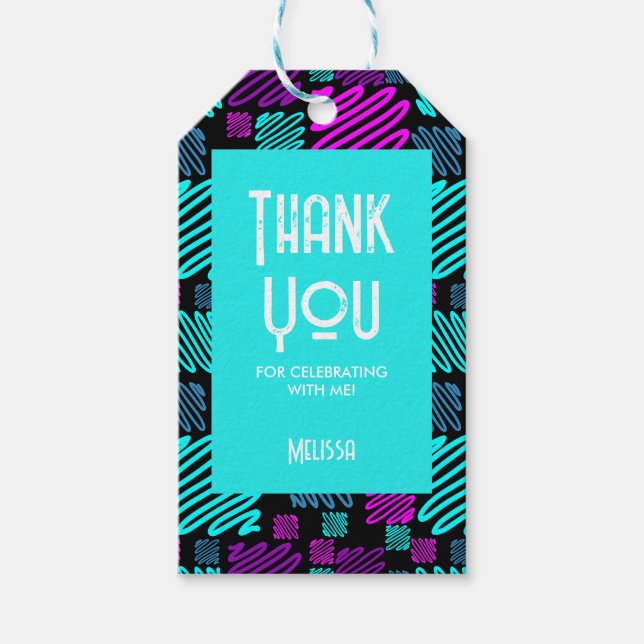 Låt oss Party Neon Geometric Mönster Tack Presentetikett (Framsidan)