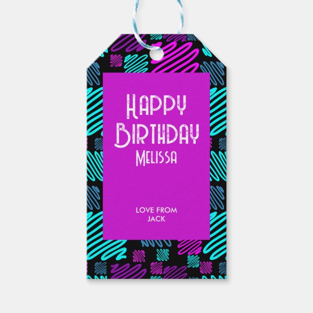 Låt oss Party Neon Lila Blue Geometric Birthday Presentetikett (Framsidan)