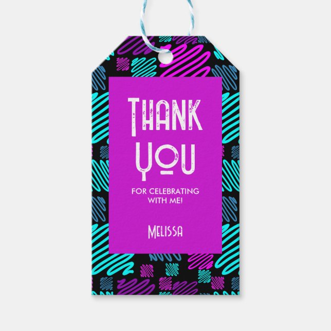 Låt oss Party Neon Lila Blue Geometric Tack Presentetikett (Framsidan)