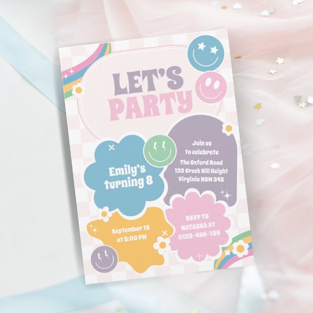 Låt oss Party Pastel Retro Smiles Birthday Inbjudningar (Skapare uppladdad)