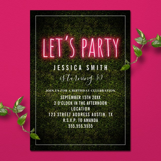 Låt oss Party Print Rosa Neon Boxwood Birthday Inbjudningar (Skapare uppladdad)
