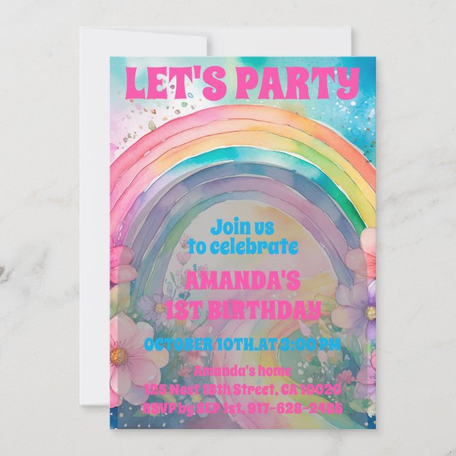 Låt oss Party Retro Pastel Rainbow Flowers Birthda Inbjudningar (Framsida)