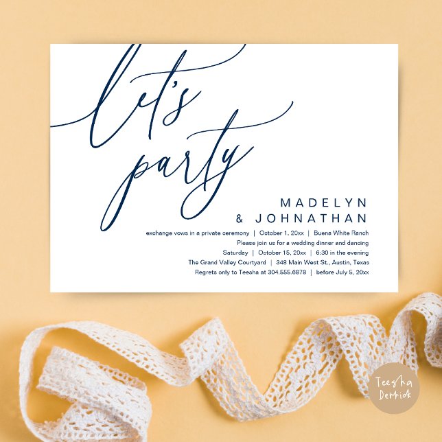 Låt oss Party, romantiska Bröllop-middagen och Dan Inbjudningar (Let's Party, Romantic Charm Wedding Dinner Dancing Lunch Brunch Invitation Card PDF Navy Blue)