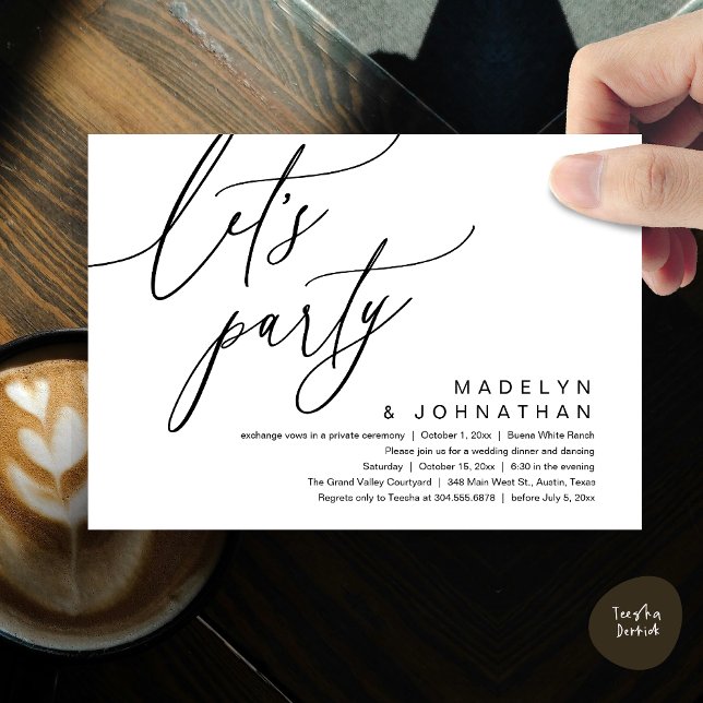 Låt oss Party, romantiska Bröllop-middagen och Dan Inbjudningar (Let's Party, Romantic Charm Wedding Dinner Dancing Lunch Brunch Invitation Card PDF White Black)