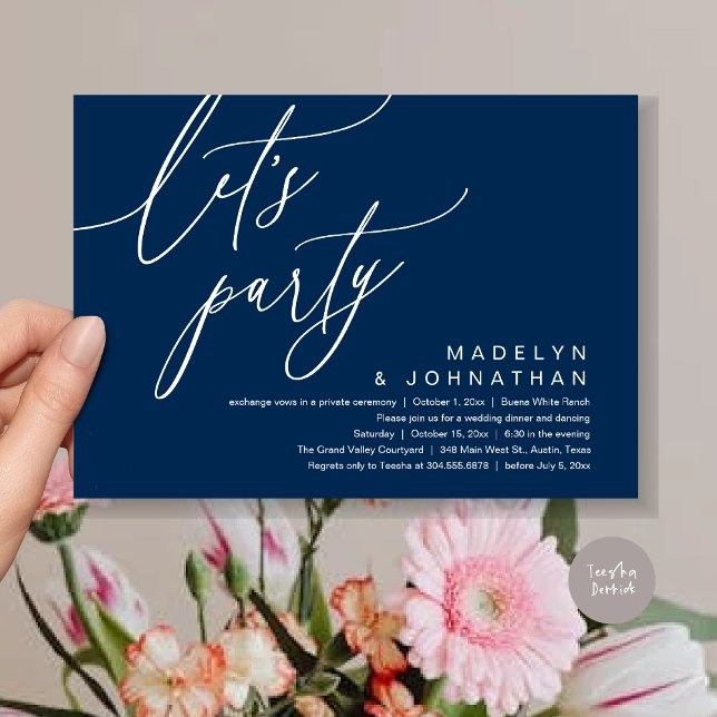 Låt oss Party, romantiska Bröllop-middagen och Dan Inbjudningar (Let's Party, Romantic Charm Wedding Dinner Dancing Lunch Brunch Invitation Card PDF Navy Blue)