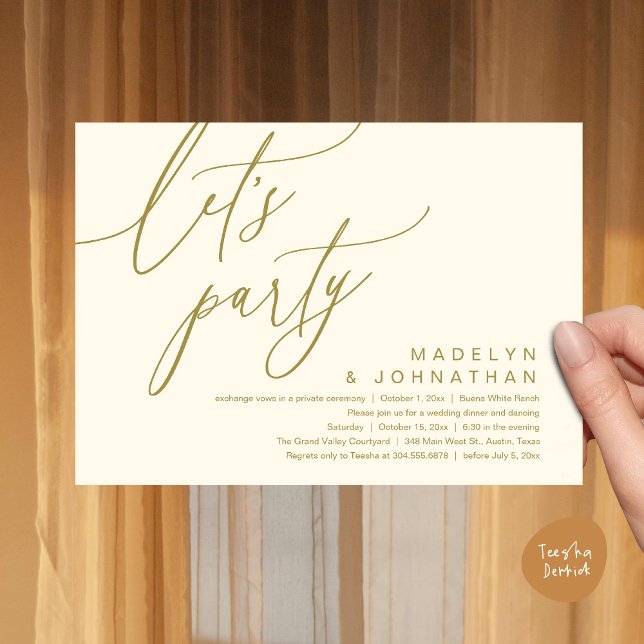 Låt oss Party, romantiska Bröllop-middagen och Dan Inbjudningar (Let's Party, Romantic Charm Wedding Dinner Dancing Lunch Brunch Invitation Card PDF Yellow gold)