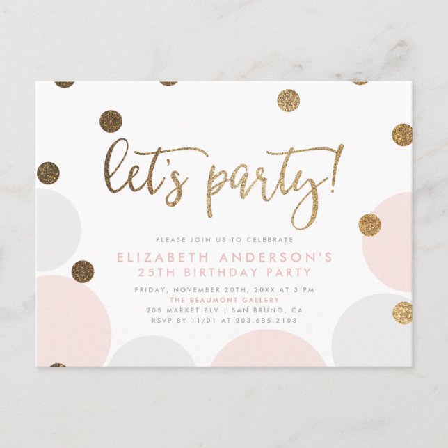Låt oss Party! | Rosa Bubbles Guld Script Birthday Inbjudan Vykort (Framsida)