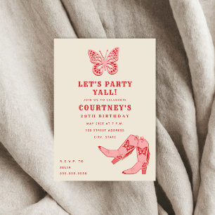 Låt oss Party Rosa Butterfly Cowgirl Boots Birthda Inbjudningar