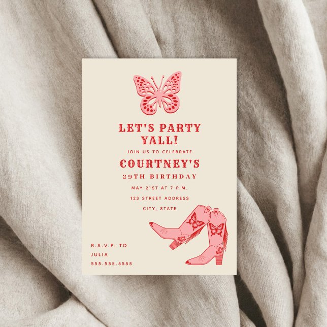 Låt oss Party Rosa Butterfly Cowgirl Boots Birthda Inbjudningar (Skapare uppladdad)