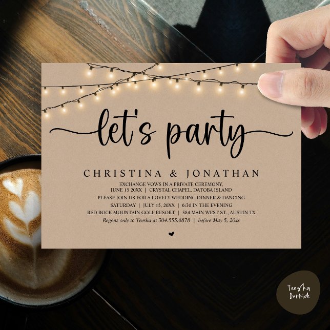 Låt oss party, Rustic Bröllop Middag Elopement Inbjudningar (Let's party, Rustic Wedding Dinner Elopement Invitation Card, PDF, String Lights Brown Kraft)