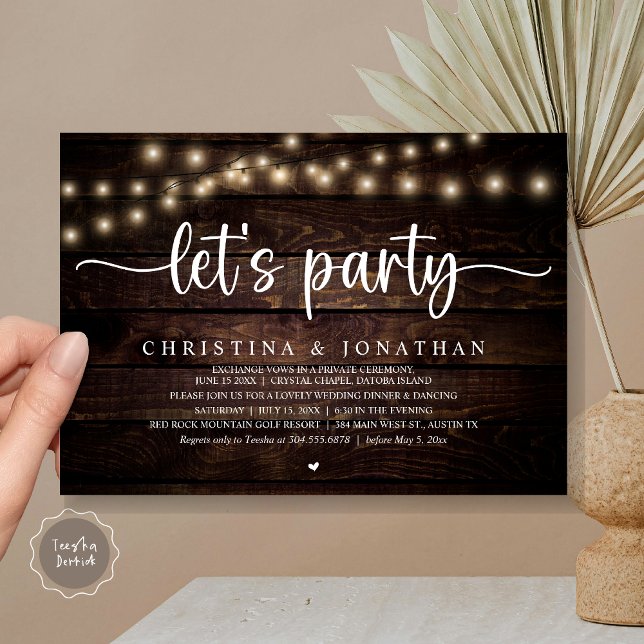 Låt oss party, Rustic Bröllop Middag Elopement Inbjudningar (Let's party, Rustic Wedding Dinner Elopement Invitation card, pdf, in cottage dark wood)
