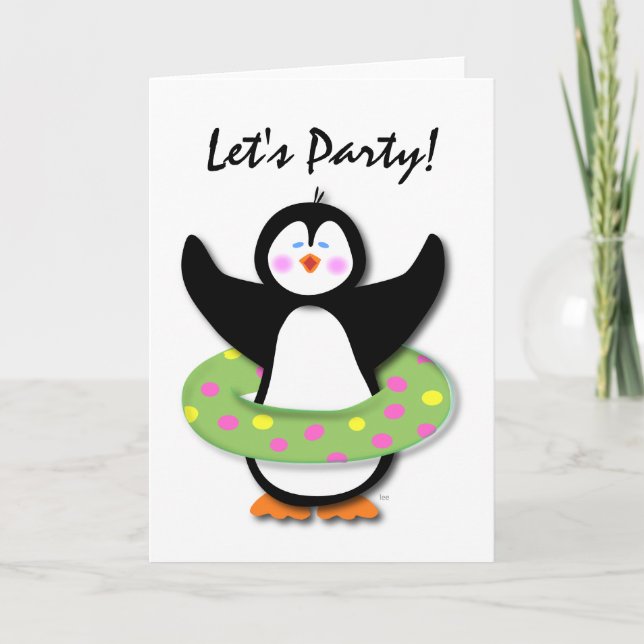 Låt oss Party Swimming Penguin Card Kort (Framsida)