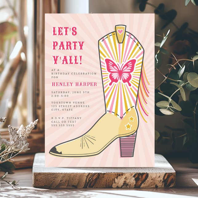 Låt oss Party Yall Butterfly Cowboy Boot Birthday Inbjudningar (Skapare uppladdad)