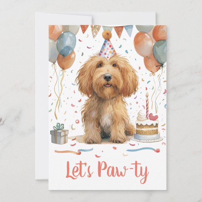 Låt oss Pawty Birthday Goldendoodle Hund Inbjudningar (Framsida)