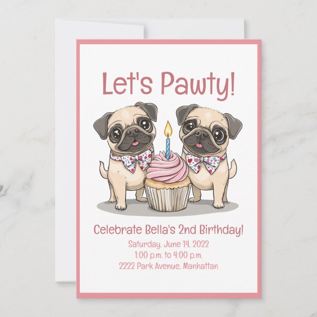 Låt oss Pawty Birthday Pug Hundar Cupkaka Inbjudningar (Framsida)