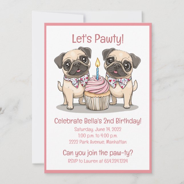 Låt oss Pawty Birthday Pug Hundar Cupkaka Inbjudningar (Framsida)