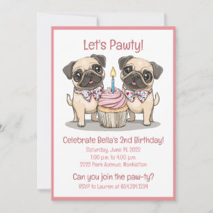 Låt oss Pawty Birthday Pug Hundar Cupkaka Inbjudningar