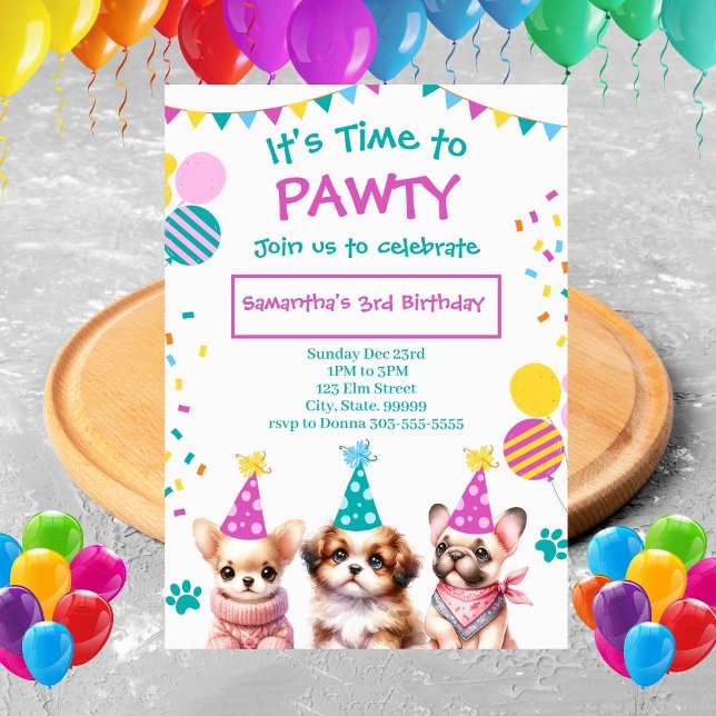 Låt oss Pawty ClipPuppy Girl Birthday-inbjudan Inbjudningar (Skapare uppladdad)