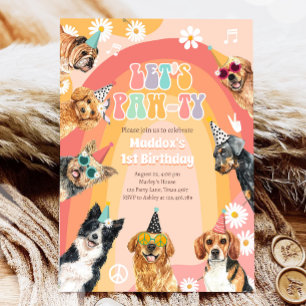 Låt oss Pawty Hund Retro Groovy Boy Birthday Inbjudningar