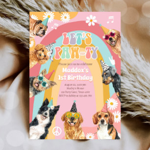 Låt oss Pawty Hund Retro Groovy Girl Birthday Inbjudningar