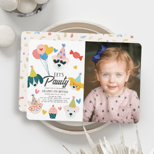 Låt oss Pawty Hundar & Cat Balloons Birthday Photo Inbjudningar