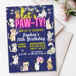 Låt oss Pawty Neon Rosa Glow Cute Kittens Cats Par Inbjudningar