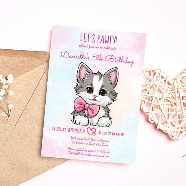Låt oss pawty rosa söt kattkalkfödelsedag inbjudningar (Let's pawty pink cute kitten cat themed birthday party invitation editable template digital download)